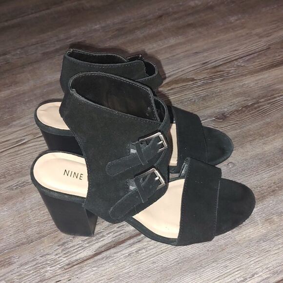 Nine West Gemina black  leather block heel strapped sandals Sz 6.5 - Picture 5 of 12